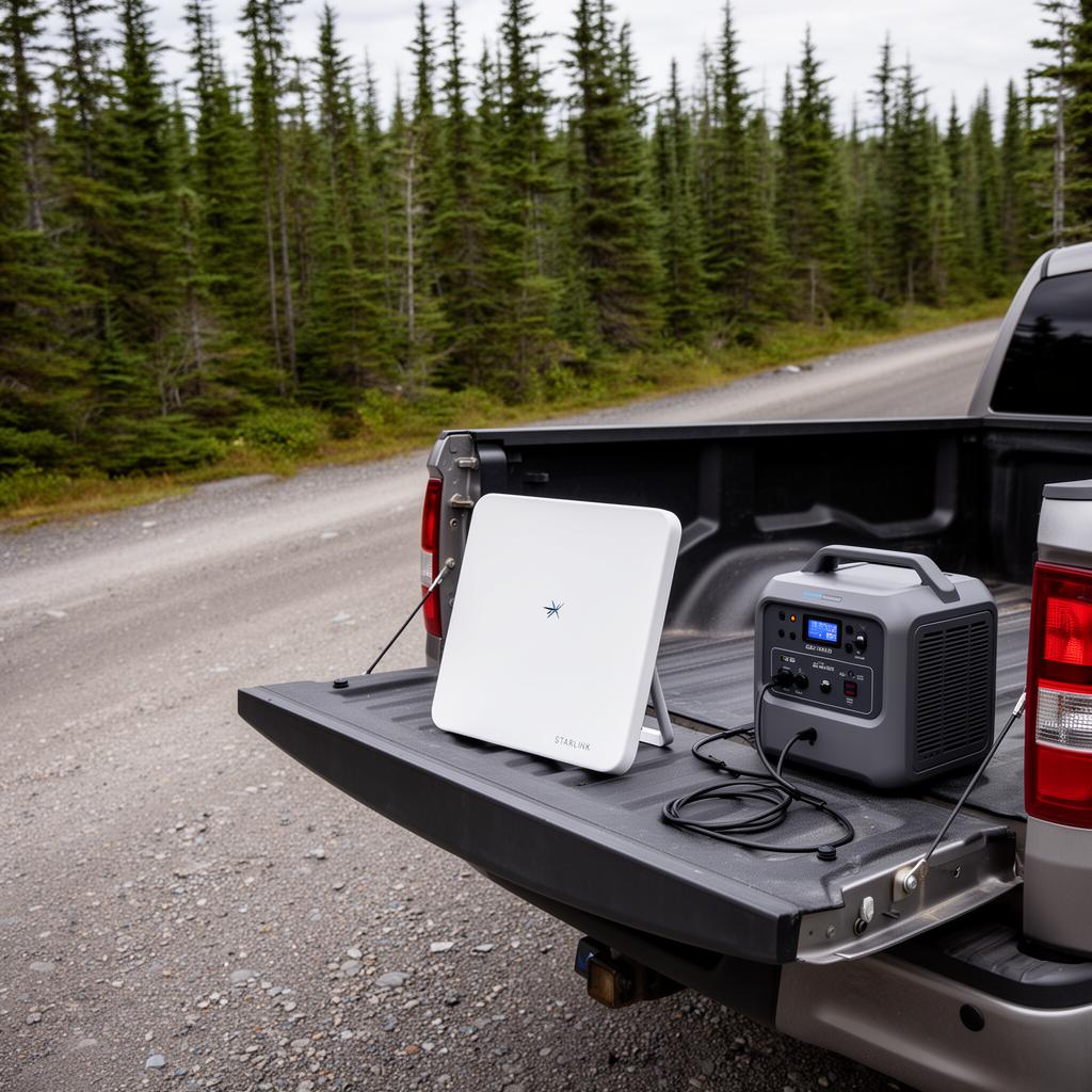 Illustration of a Starlink Mini dish and power station in a pickup truck bed