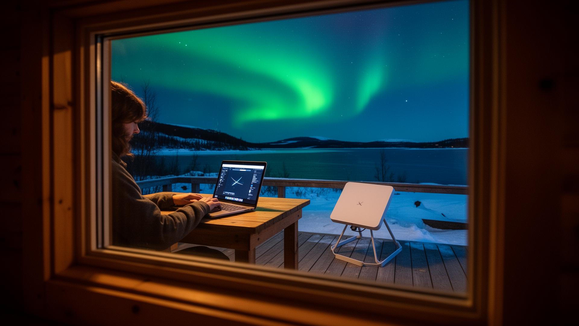 Illustration of a person on a laptop in a cabin with a Starlink Mini dish under the aurora