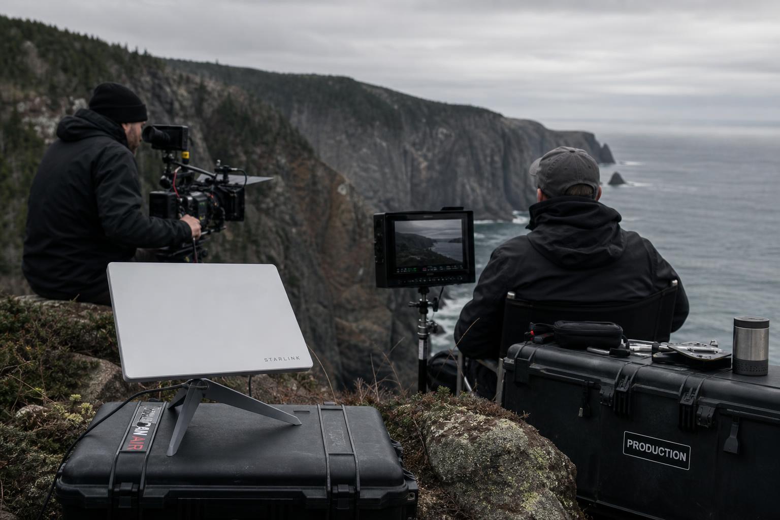 Film crew with cinema camera and Starlink dish on a Newfoundland coastal cliff