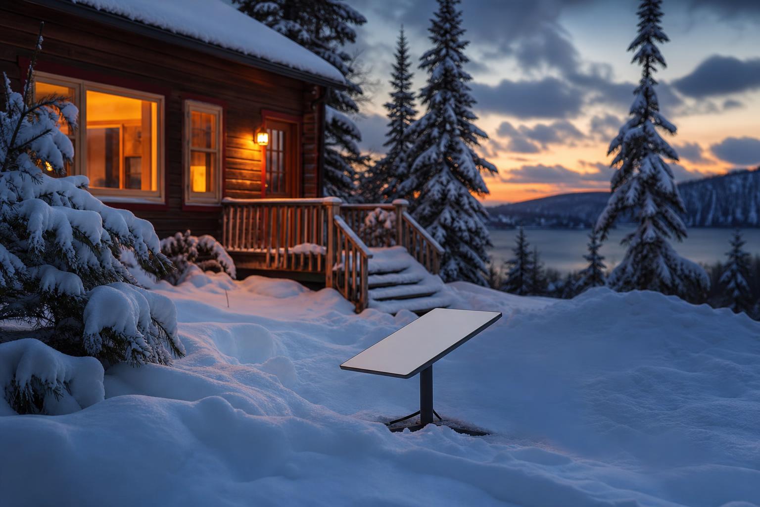 Starlink dish on a snowy cabin deck at blue hour with woodsmoke
