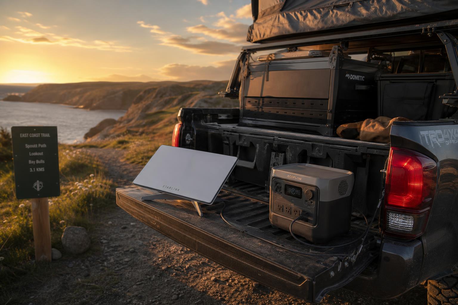 Starlink Mini and power station in a pickup truck bed at a trailhead