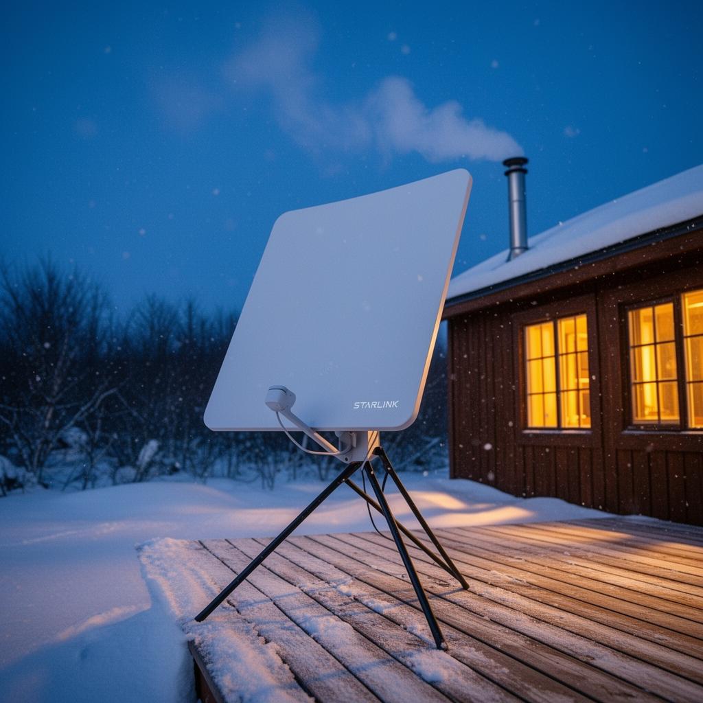 Illustration of a Starlink Standard (V4) dish on a snowy cabin deck at blue hour