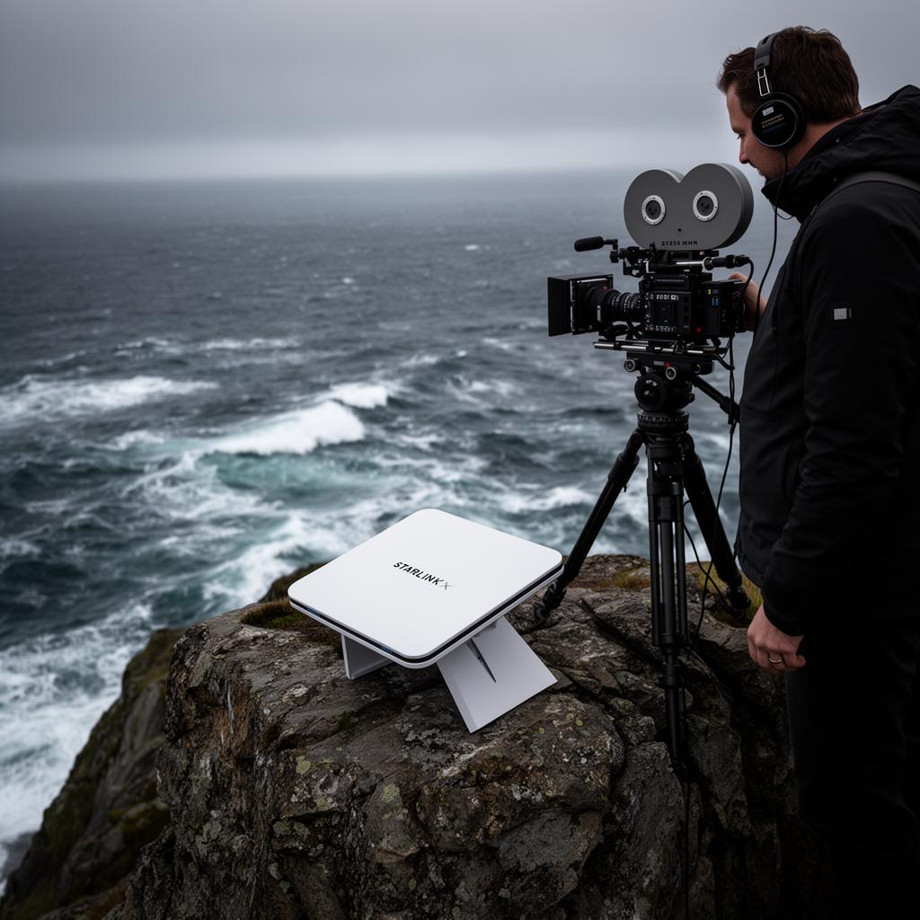 Illustration of a film crew with a Starlink Mini dish on a coastal cliff