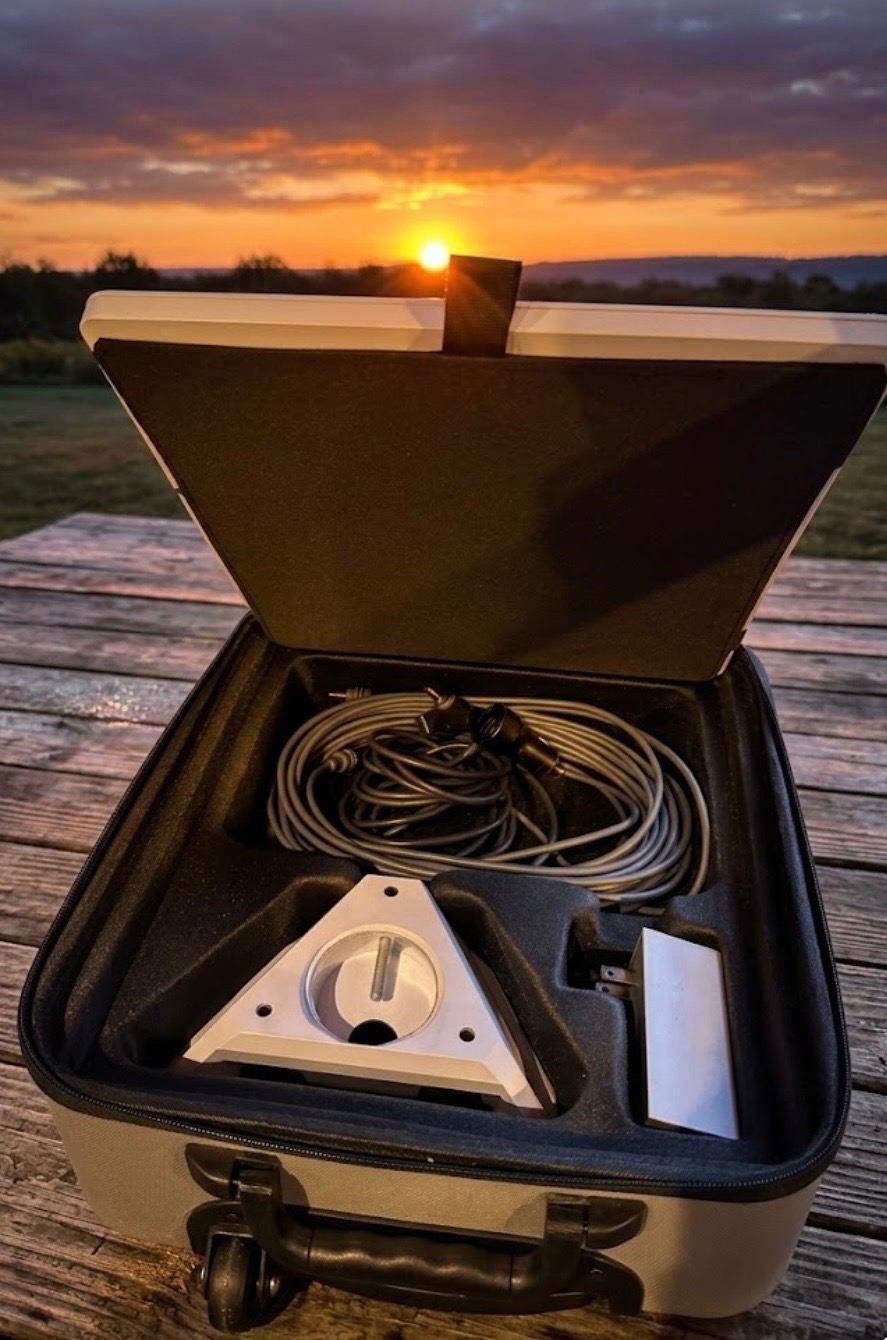 Starlink kit with tripod and mounting hardware in an open case